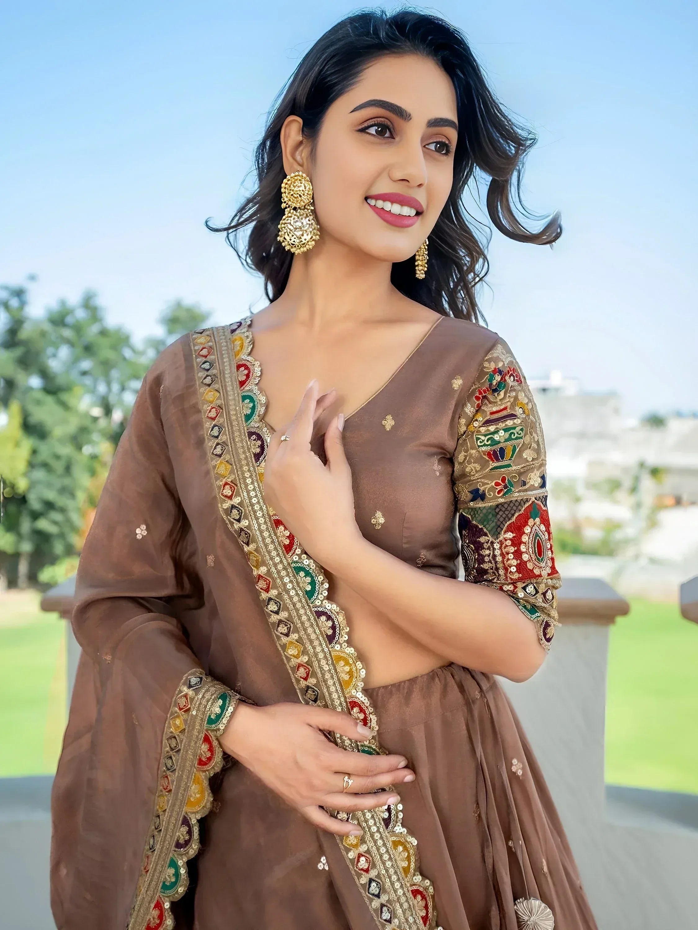 Stunning Beige Silk Sequins Party Wear Lehenga Choli With Dupatta
