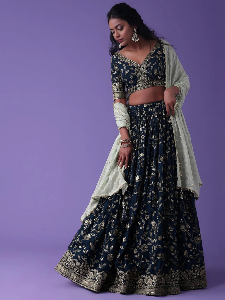 Pretty Blue Dori Work Georgette Wedding Lehenga Choli With Dupatta
