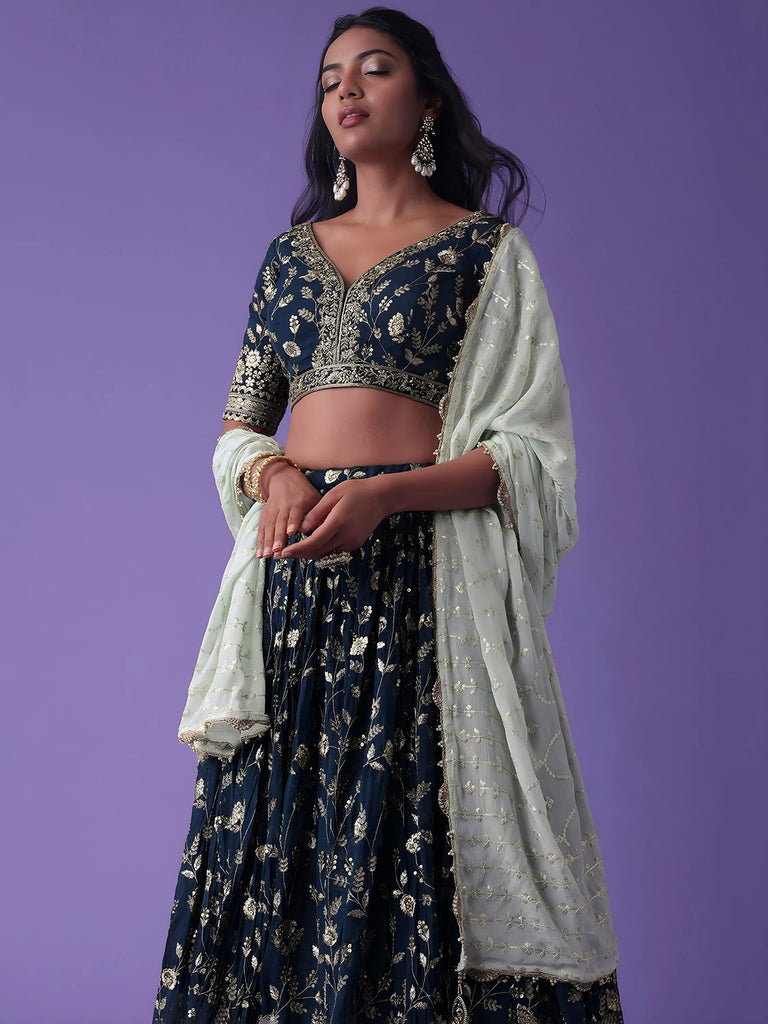 Pretty Blue Dori Work Georgette Wedding Lehenga Choli With Dupatta