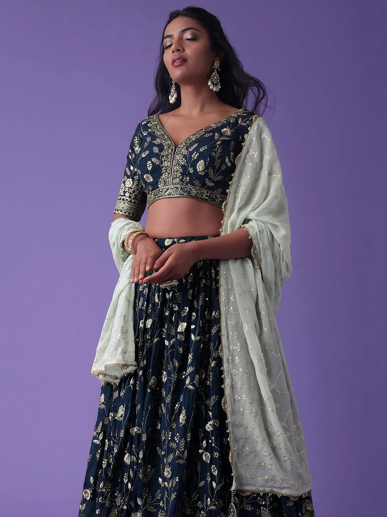 Pretty Blue Dori Work Georgette Wedding Lehenga Choli With Dupatta