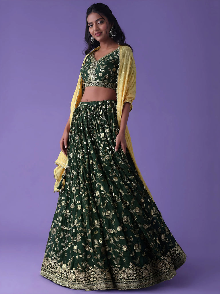Lovely Green Zari Embroidered Georgette Mehendi Wear Lehenga Choli