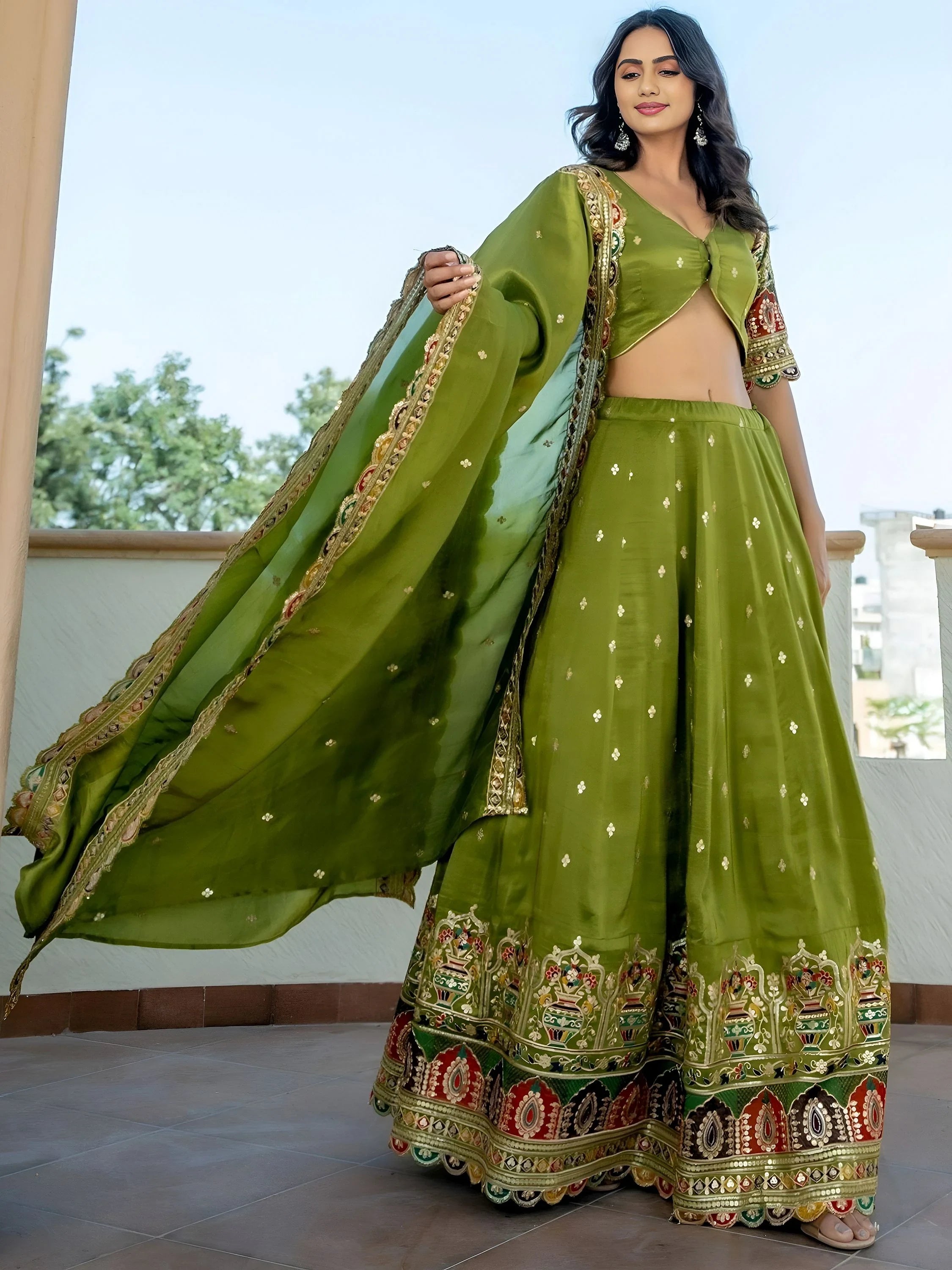 Dazzling Green Thread Embroidered Silk Mehendi Wear Lehenga Choli
