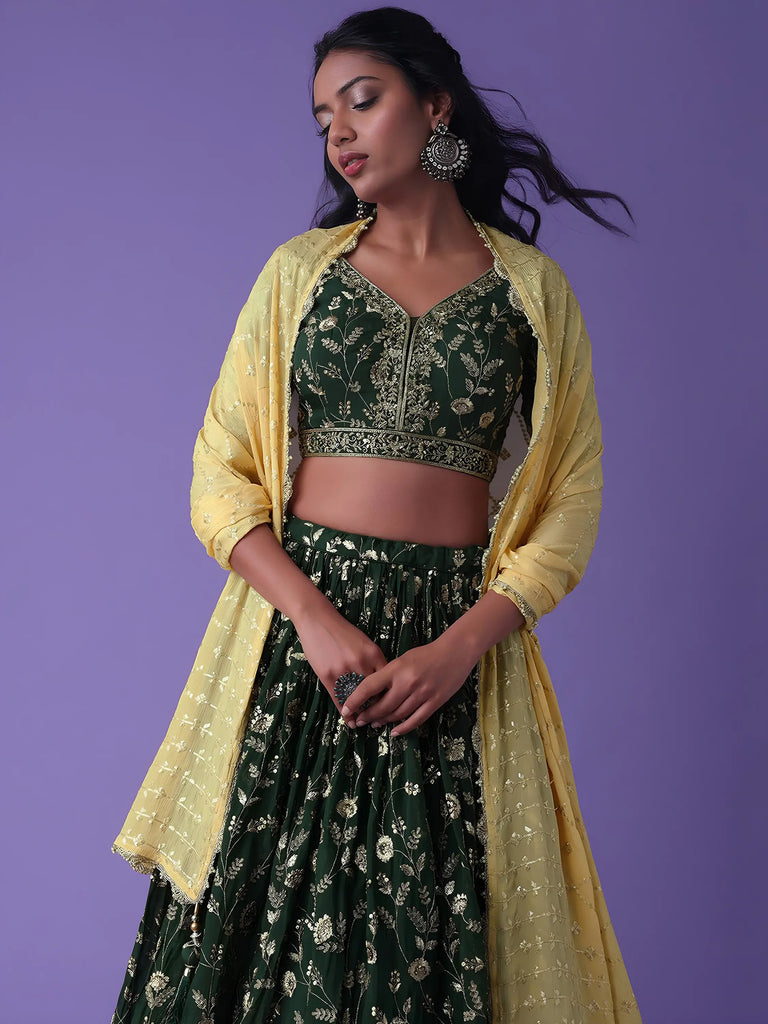Lovely Green Zari Embroidered Georgette Mehendi Wear Lehenga Choli