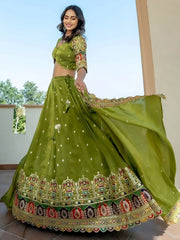 Dazzling Green Thread Embroidered Silk Mehendi Wear Lehenga Choli