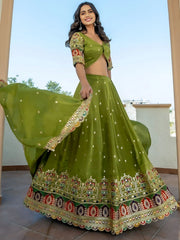 Dazzling Green Thread Embroidered Silk Mehendi Wear Lehenga Choli