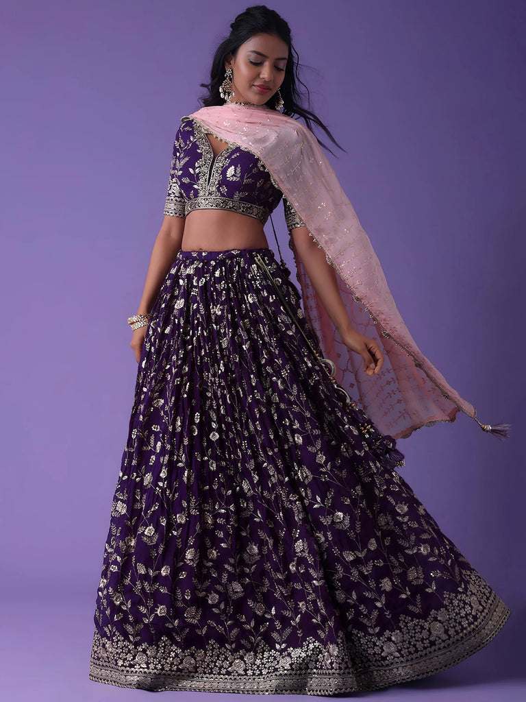 Precious Purple Zari Embroidered Georgette Lehenga Choli With Dupatta