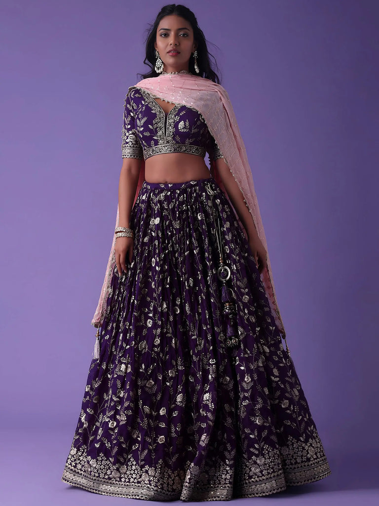 Precious Purple Zari Embroidered Georgette Lehenga Choli With Dupatta