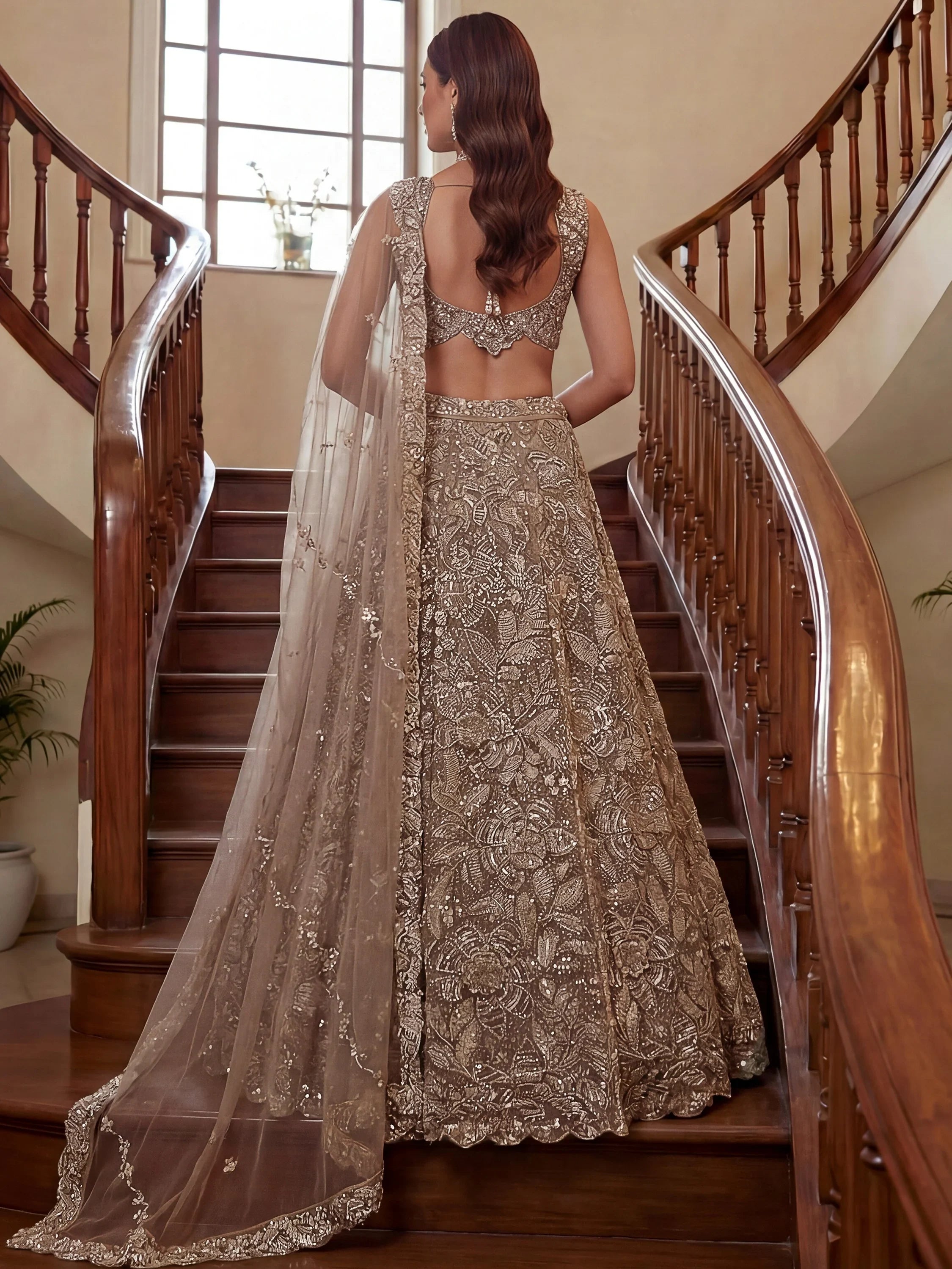 Attractive Beige Beads Work Net Reception Wear Lehenga Choli