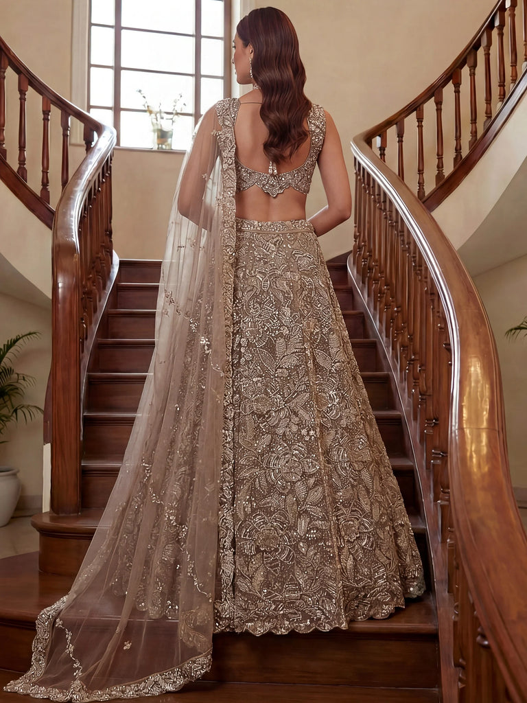 Attractive Beige Beads Work Net Reception Wear Lehenga Choli