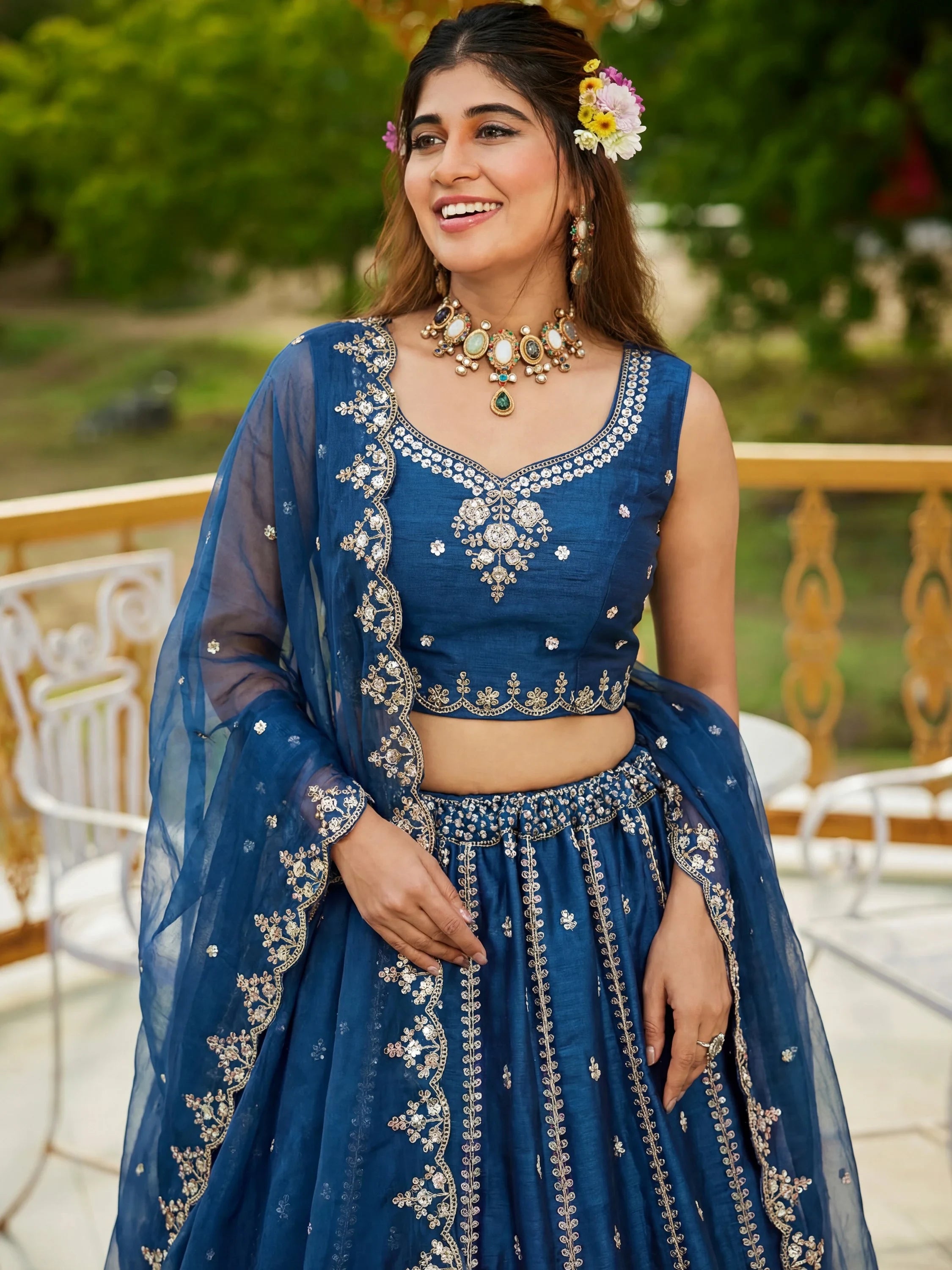 Dazzling Navy Blue Dori Work Satin Engagement Wear Lehenga Choli