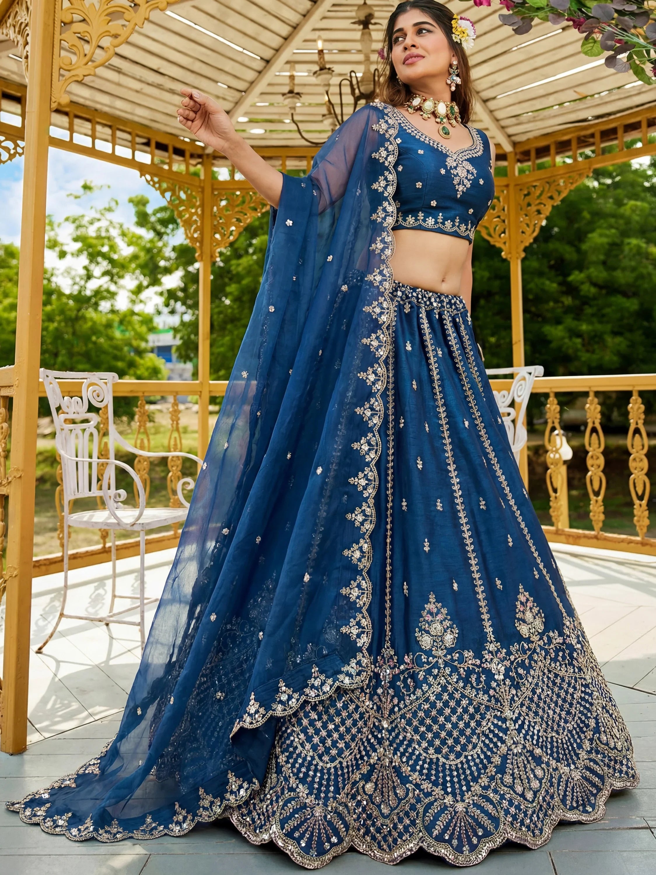 Dazzling Navy Blue Dori Work Satin Engagement Wear Lehenga Choli