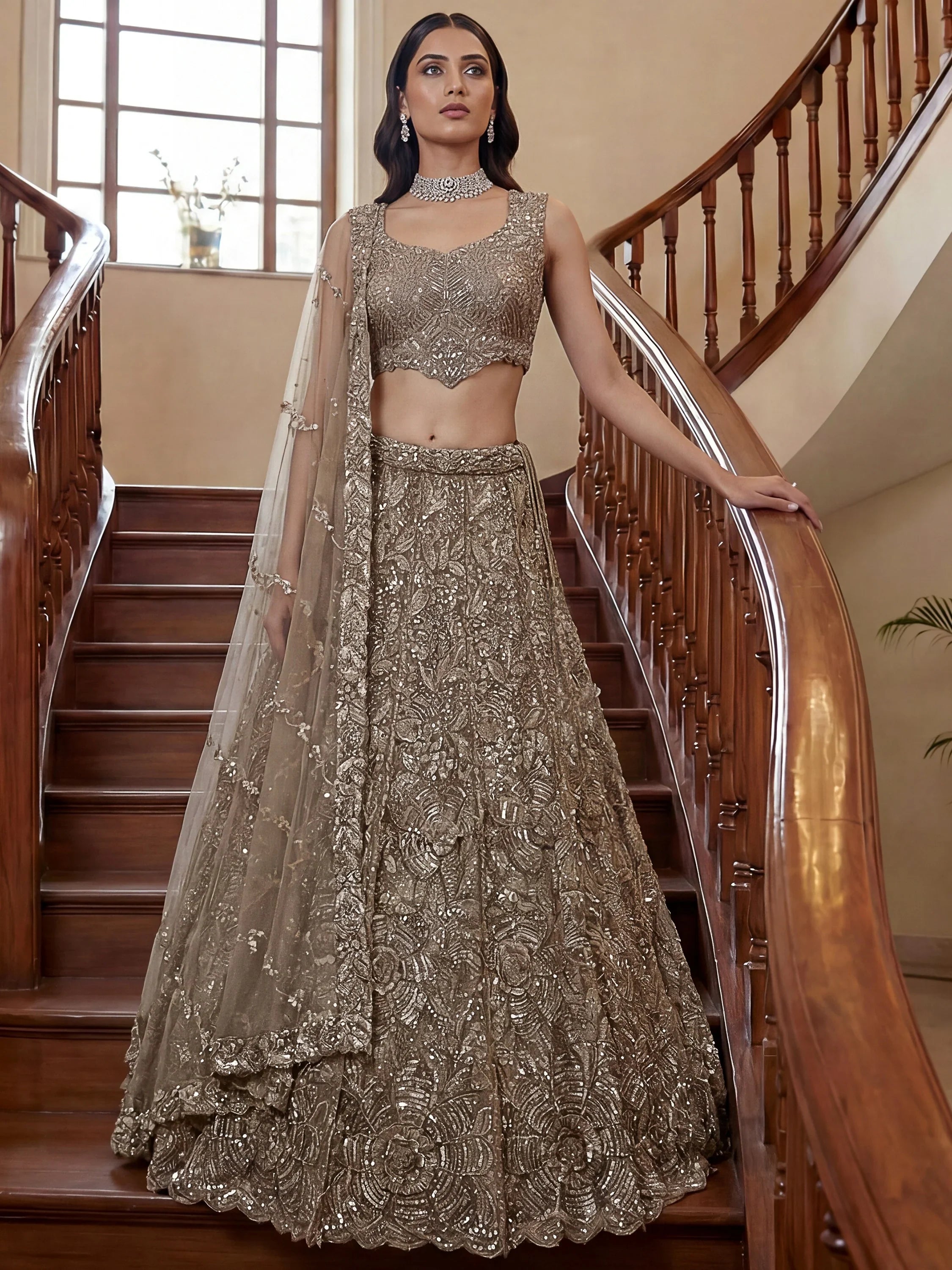 Attractive Beige Beads Work Net Reception Wear Lehenga Choli