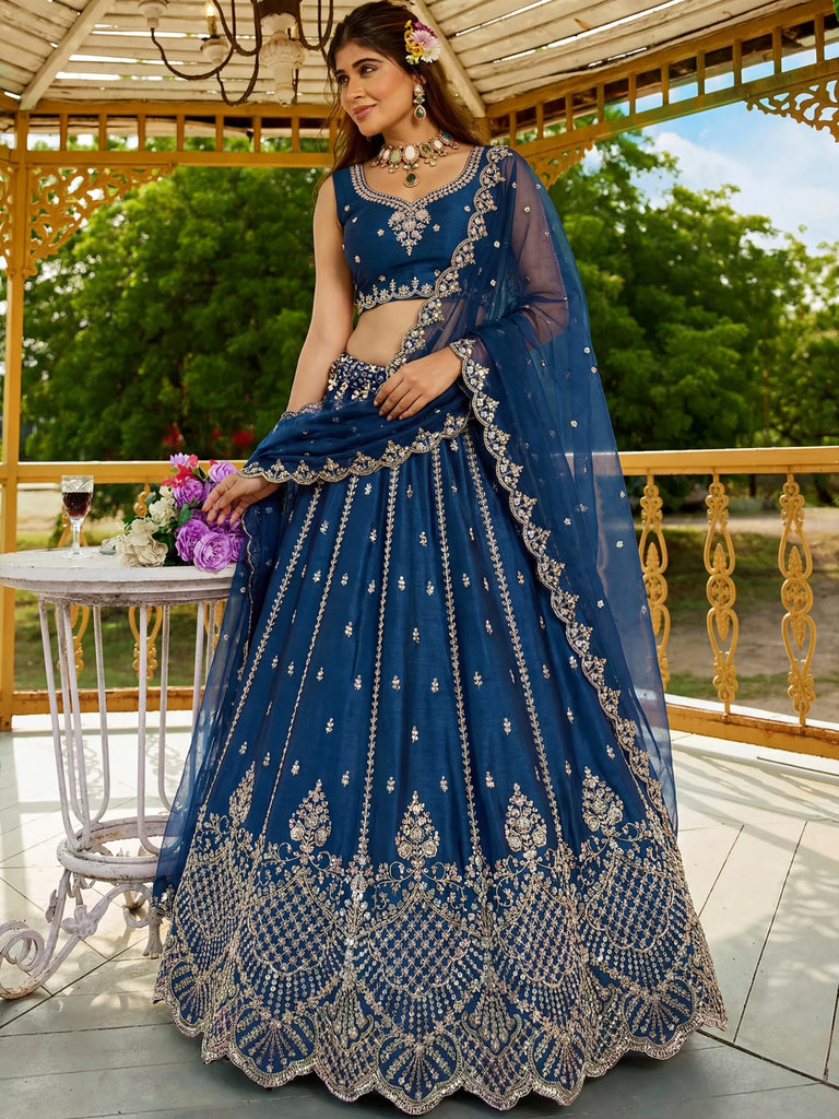 Dazzling Navy Blue Dori Work Satin Engagement Wear Lehenga Choli