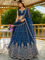 Dazzling Navy Blue Dori Work Satin Engagement Wear Lehenga Choli