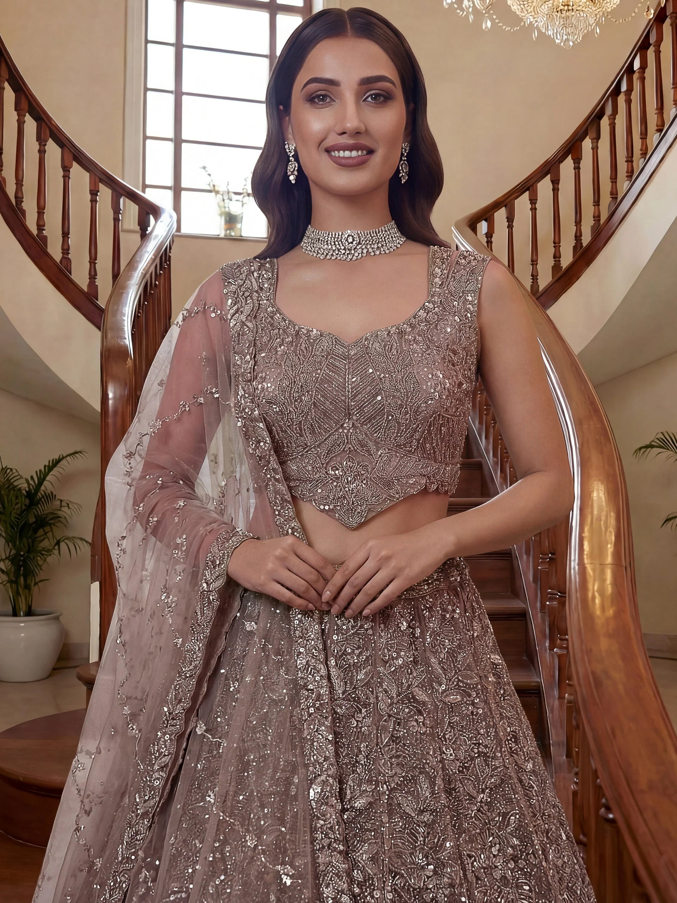 Attractive Beige Beads Work Net Reception Wear Lehenga Choli