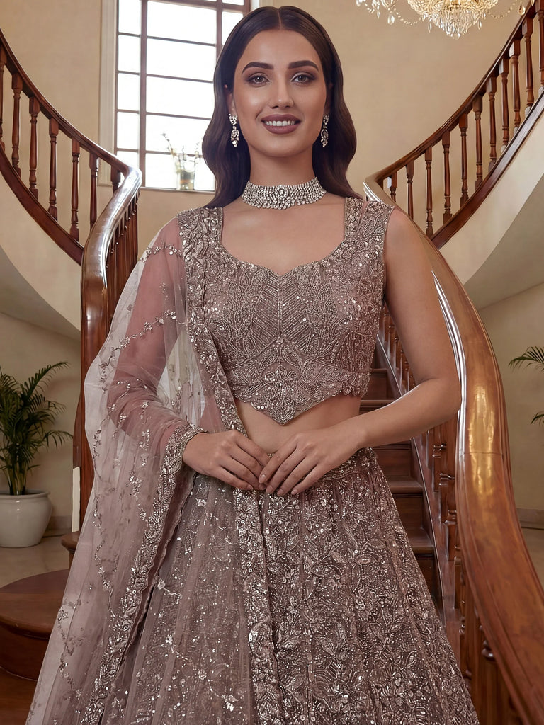 Attractive Beige Beads Work Net Reception Wear Lehenga Choli