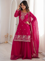 Pretty Rani Pink Embroidered Silk Engagement Wear Sharara Suit