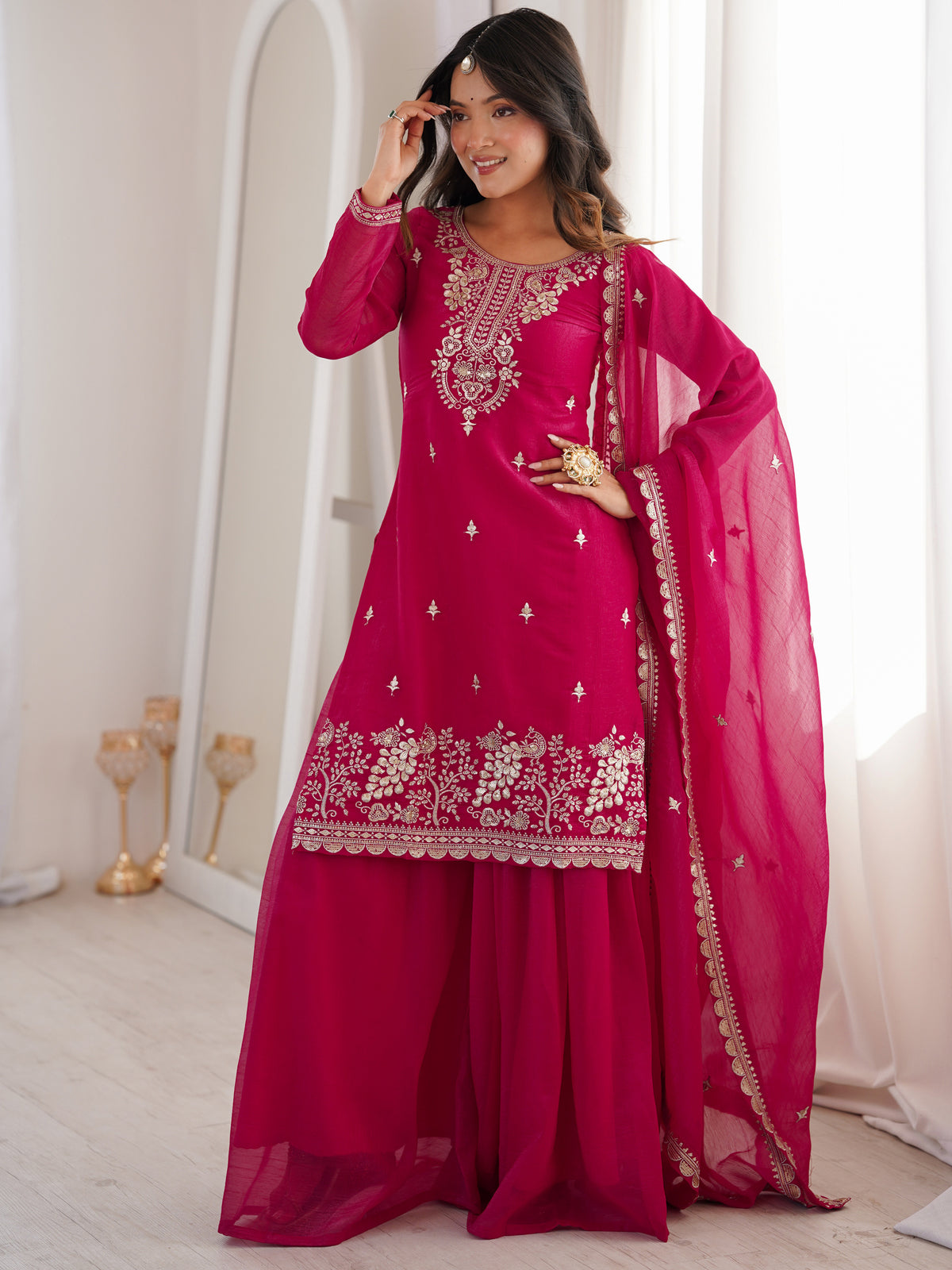 Pretty Hot Pink Embroidered Silk Engagement Wear Sharara Suit