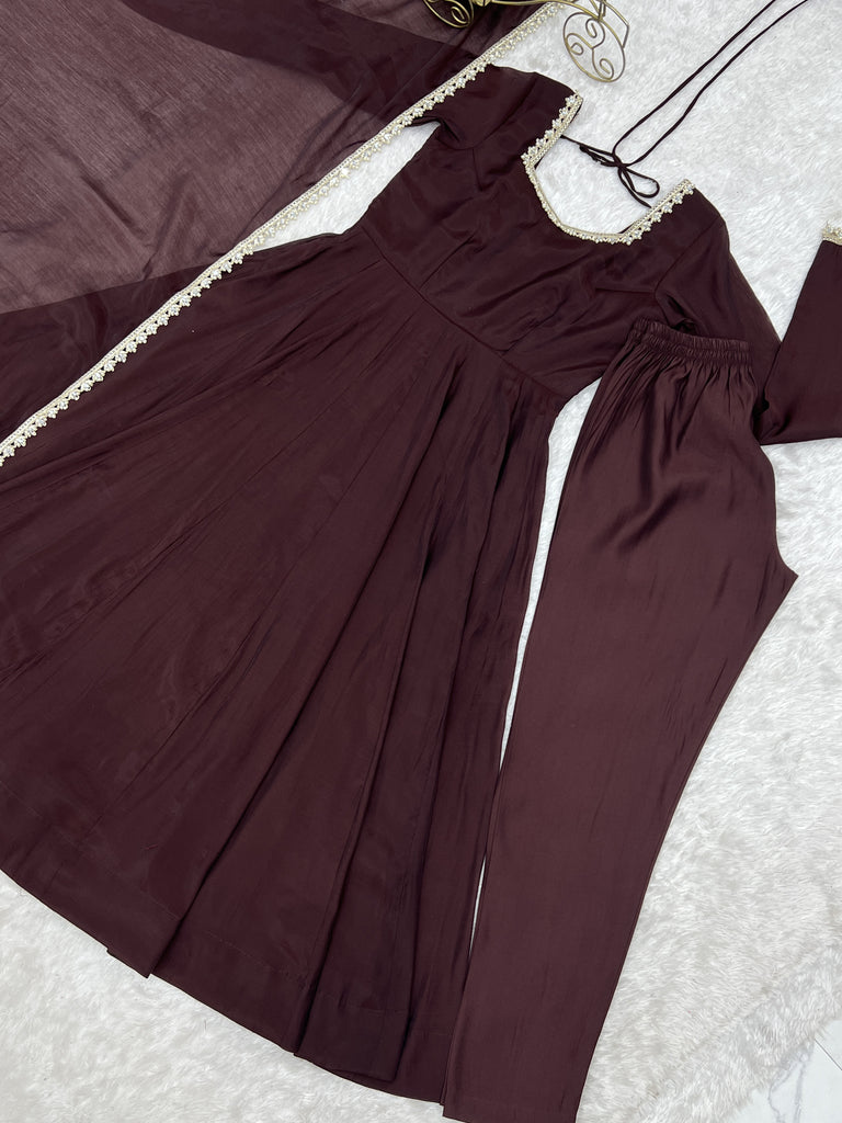 Spectacular Dark Brown Mirror Laced Chanderi Festive Wear Anarkali Suit