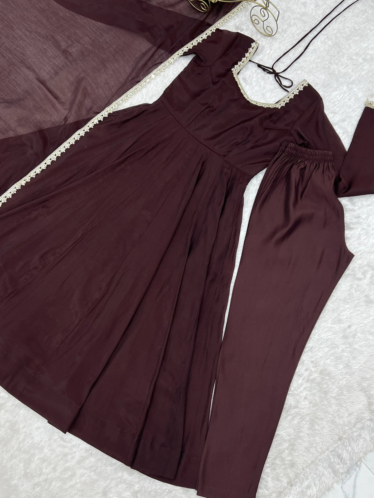 Spectacular Dark Brown Mirror Laced Chanderi Festive Wear Anarkali Suit