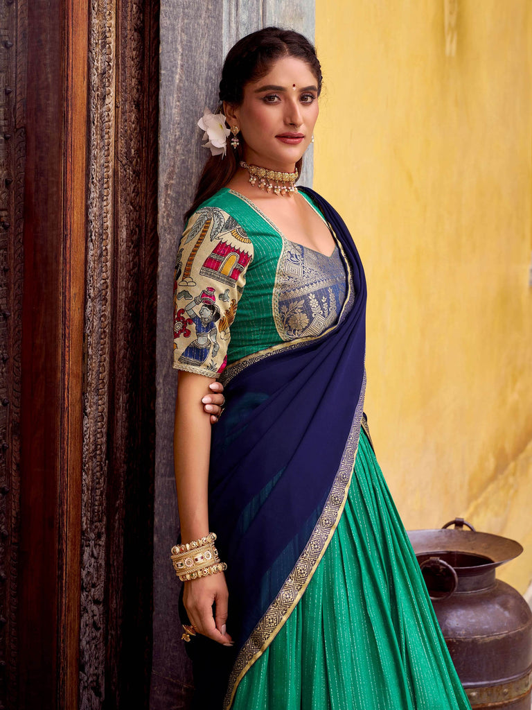 Elegant Green Kalamkari Printed Chanderi Silk Half Saree Lehenga