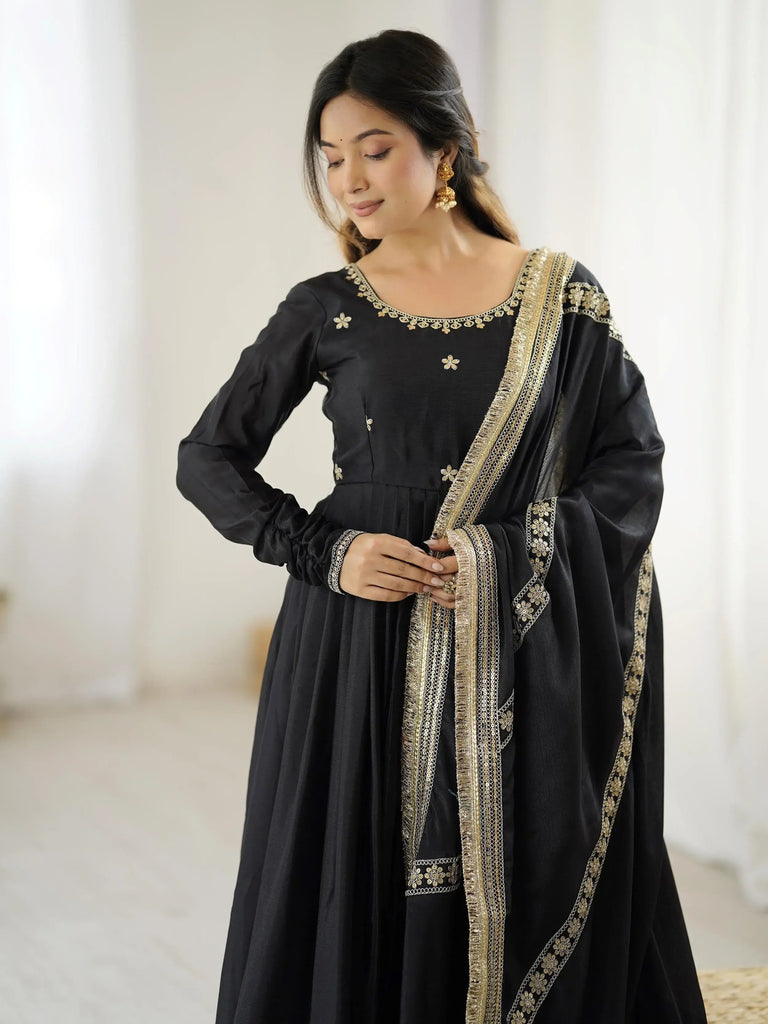 Outstanding Black Silk Sequins Embroidered Anarkali Suit