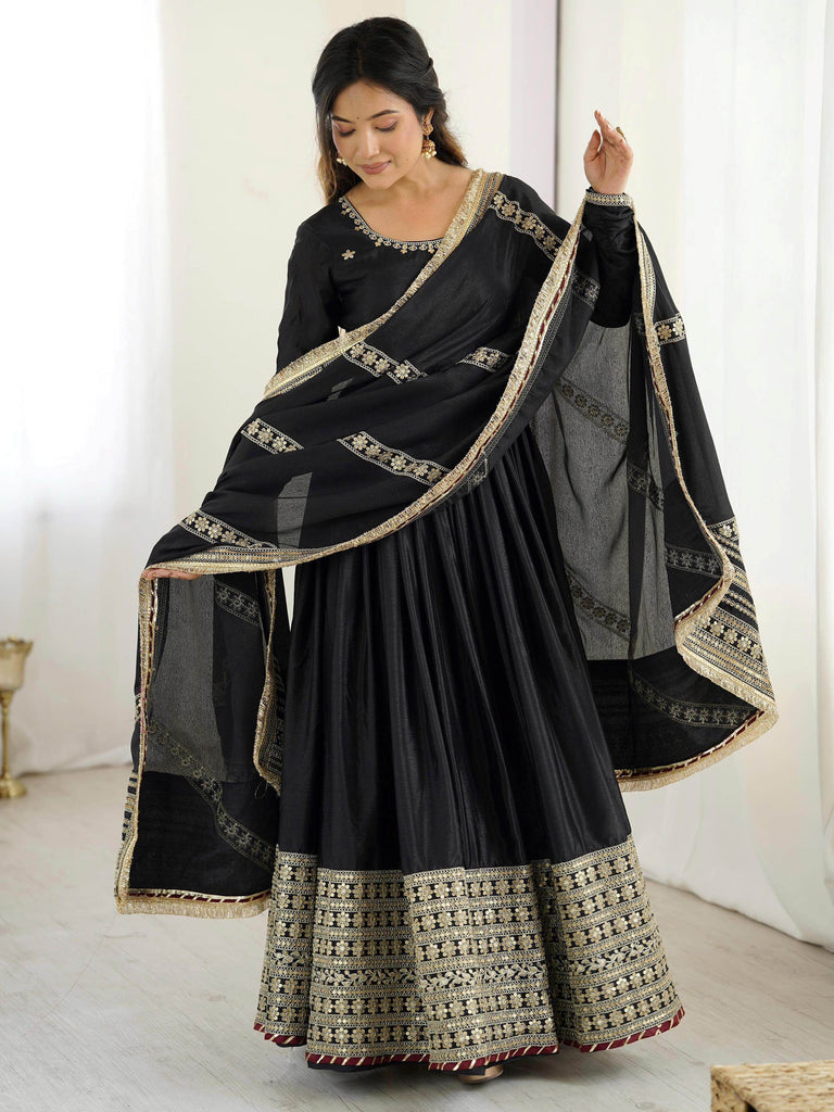 Outstanding Black Silk Sequins Embroidered Anarkali Suit