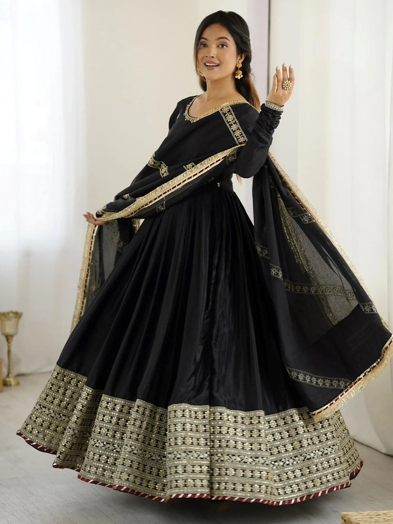 Outstanding Black Silk Sequins Embroidered Anarkali Suit