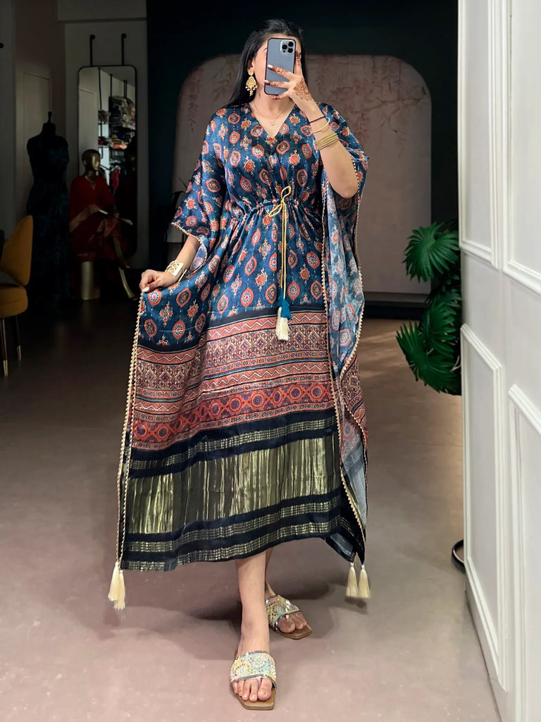 Precious Navy Blue Gota Laced Gaji Silk Event Wear Kaftan