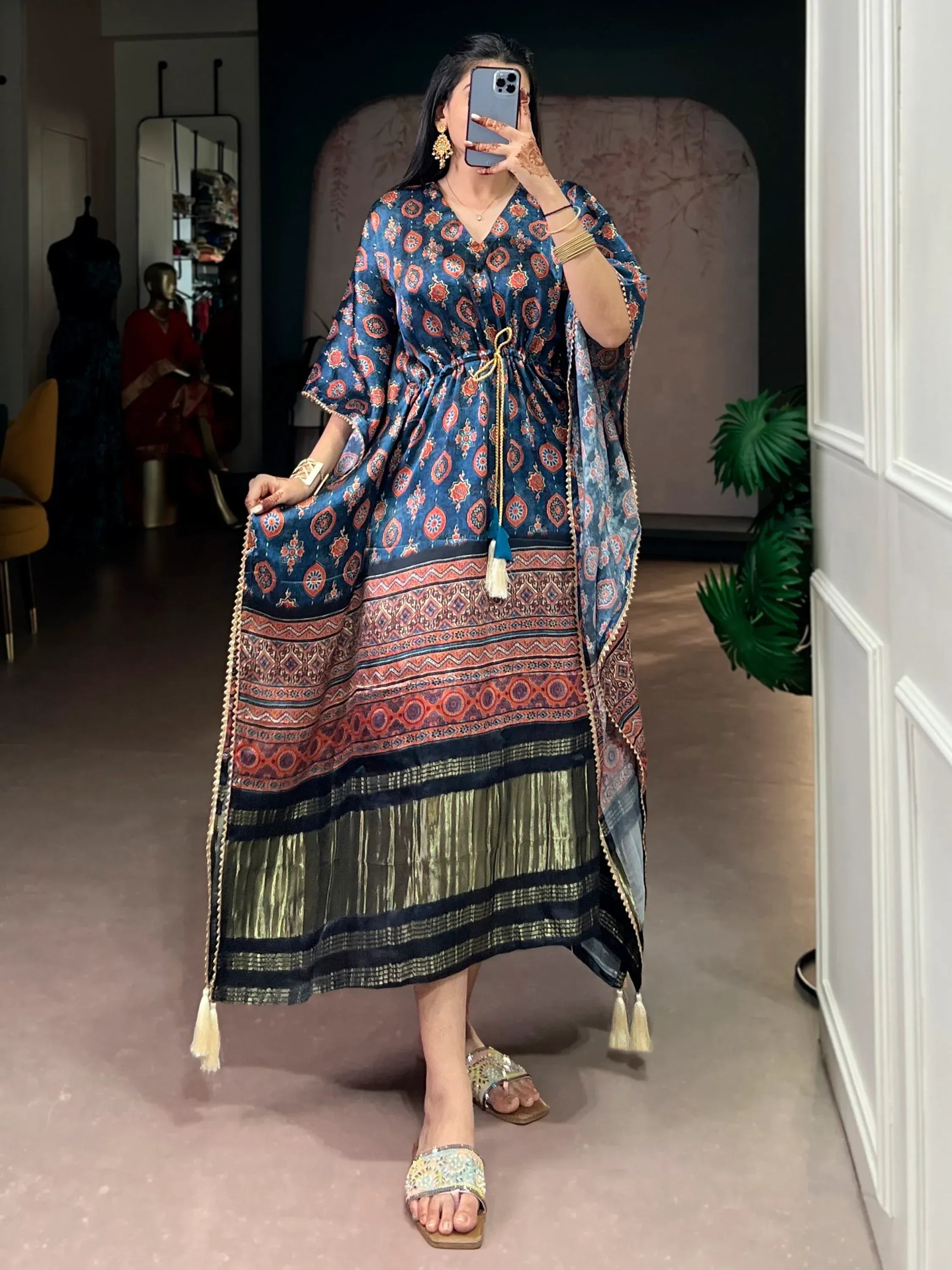 Precious Navy Blue Gota Laced Gaji Silk Event Wear Kaftan