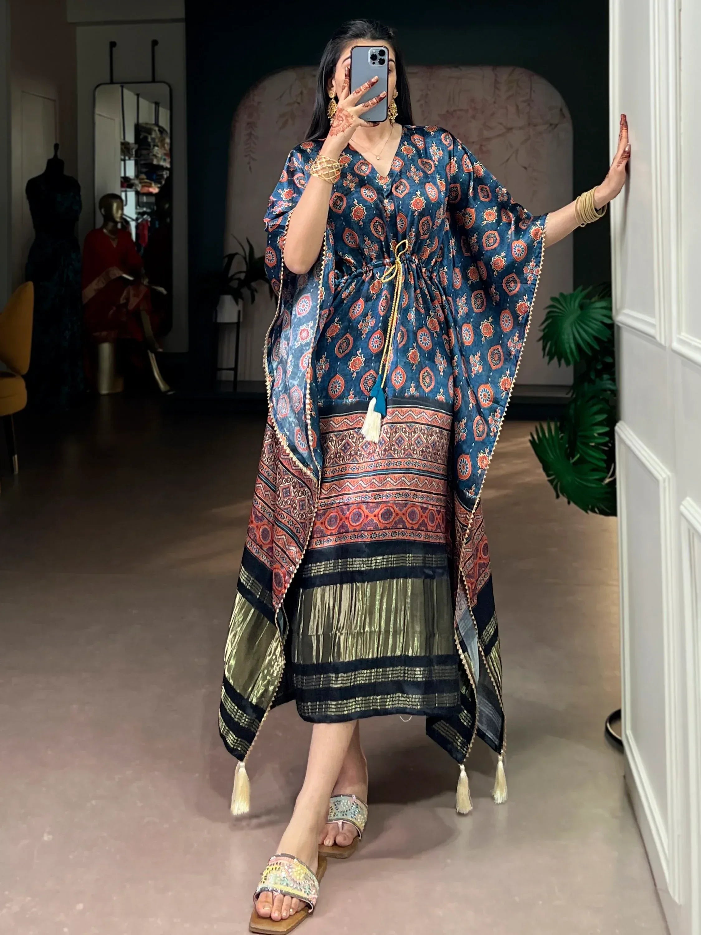 Precious Navy Blue Gota Laced Gaji Silk Event Wear Kaftan