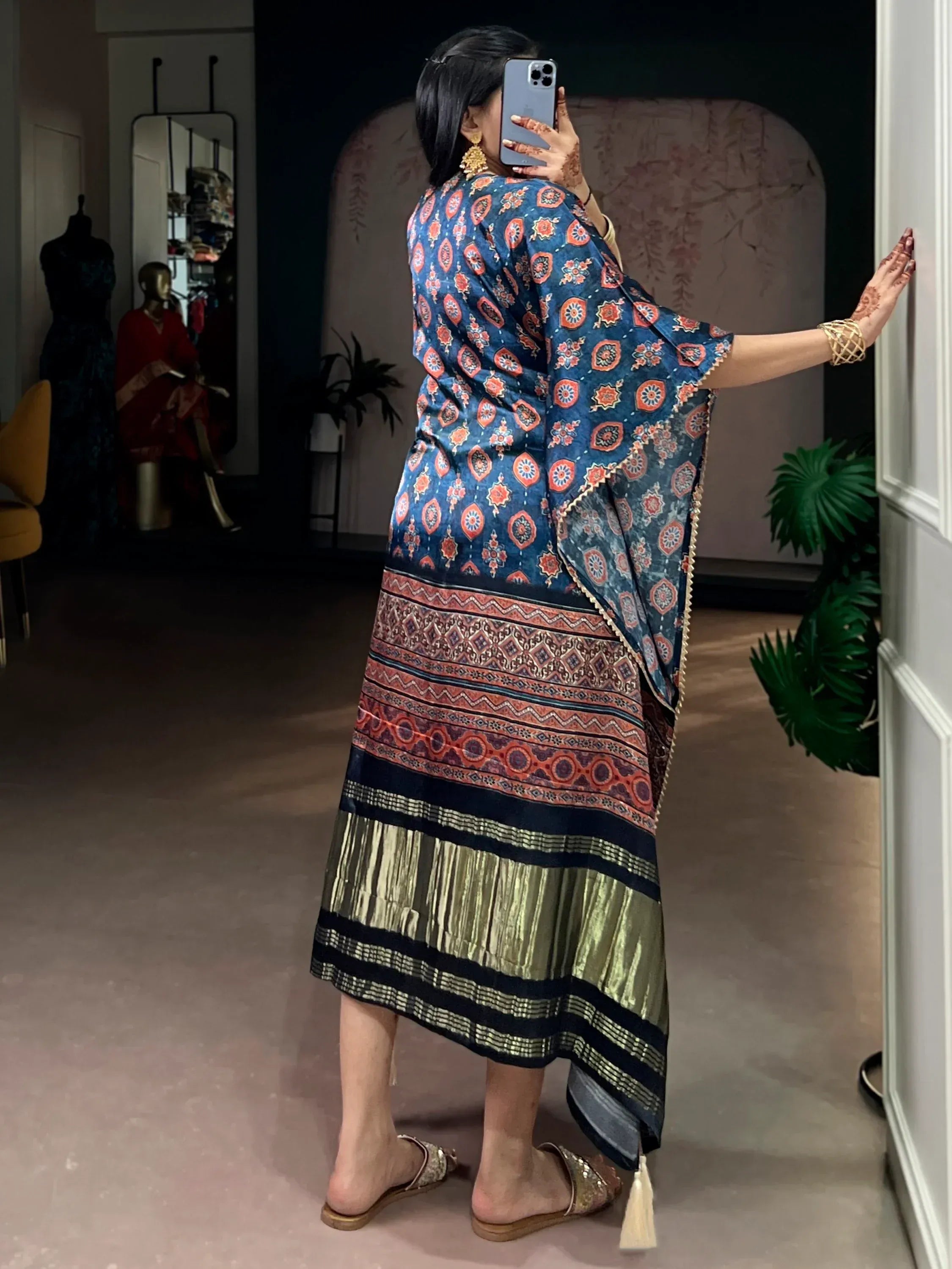 Precious Navy Blue Gota Laced Gaji Silk Event Wear Kaftan