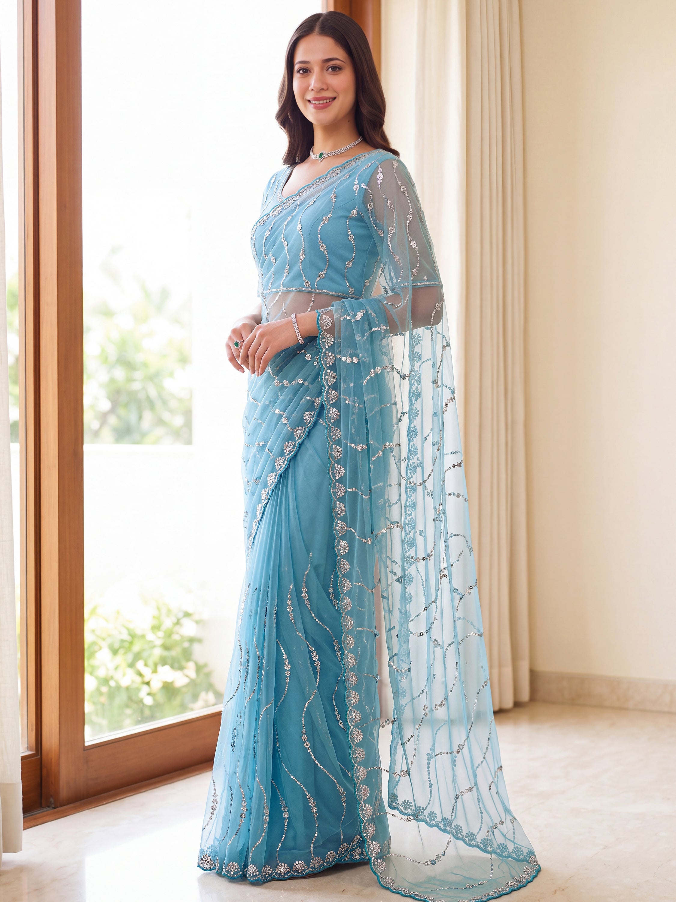 Sparkling Sky Blue Sequins Net Party Wear Saree With Blouse