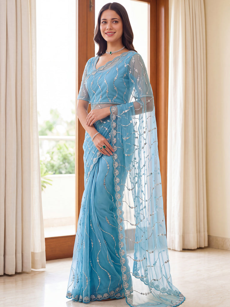 Sparkling Sky Blue Sequins Net Party Wear Saree With Blouse