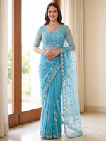 Sparkling Sky Blue Sequins Net Party Wear Saree With Blouse