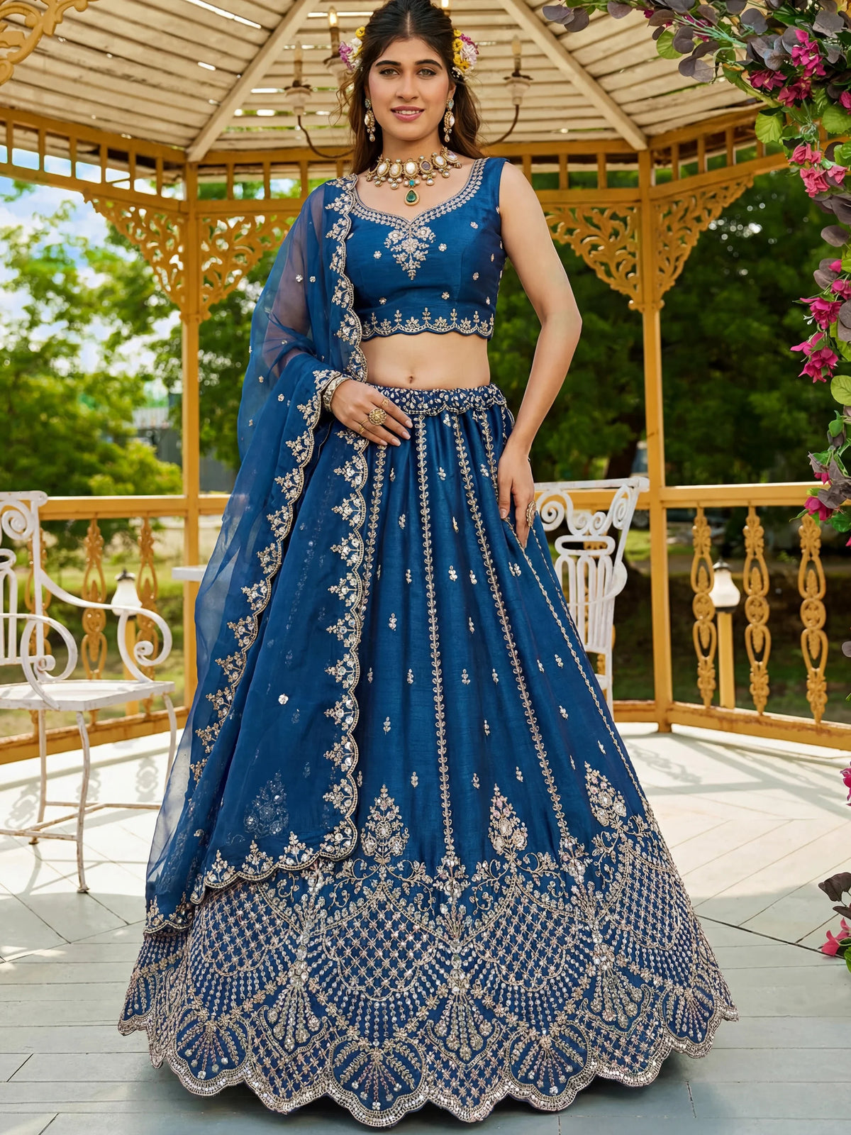Dazzling Navy Blue Dori Work Satin Engagement Wear Lehenga Choli