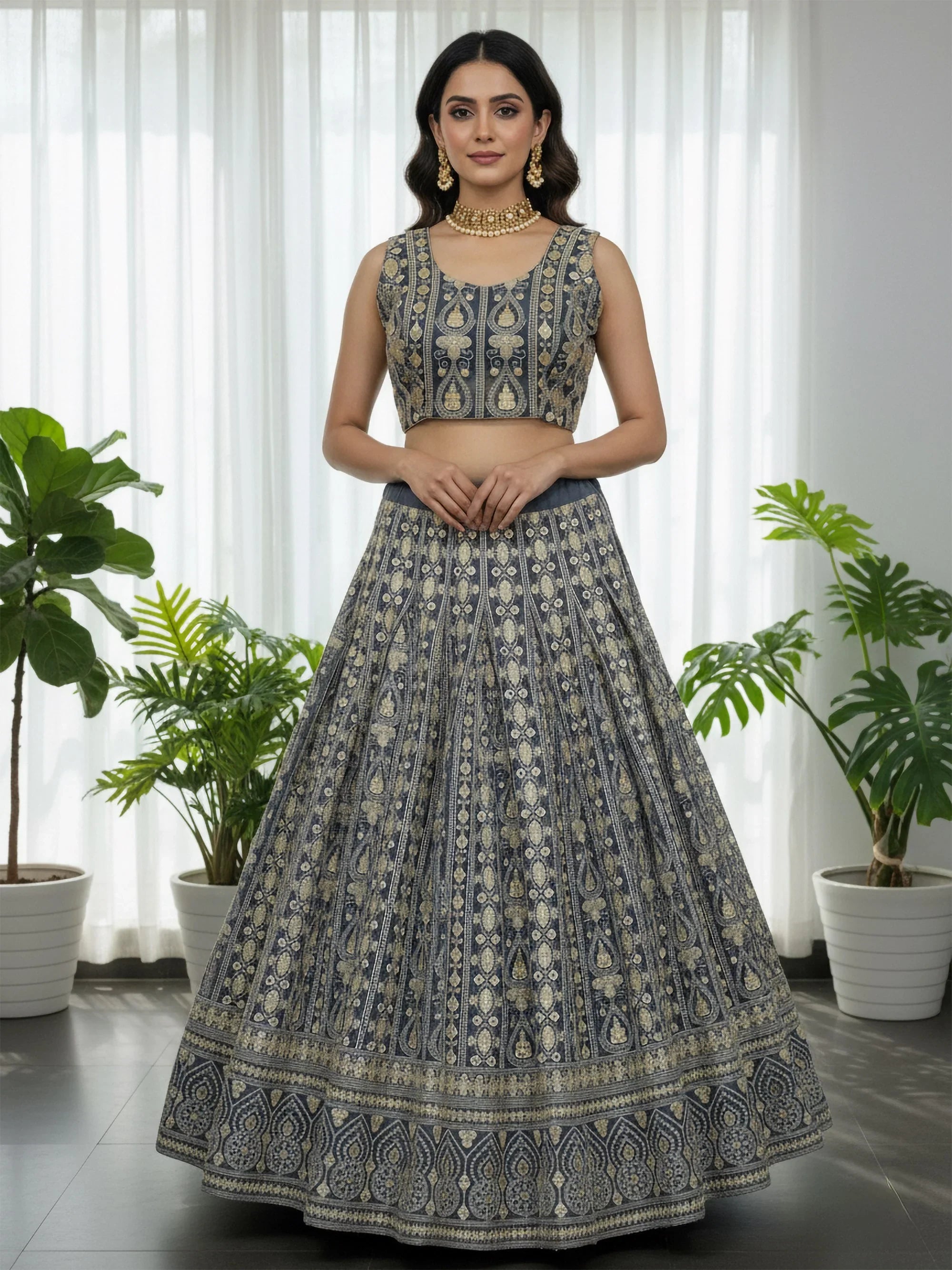 Fantastic Grey Thread Embroidered Georgette Festive Wear Lehenga Choli