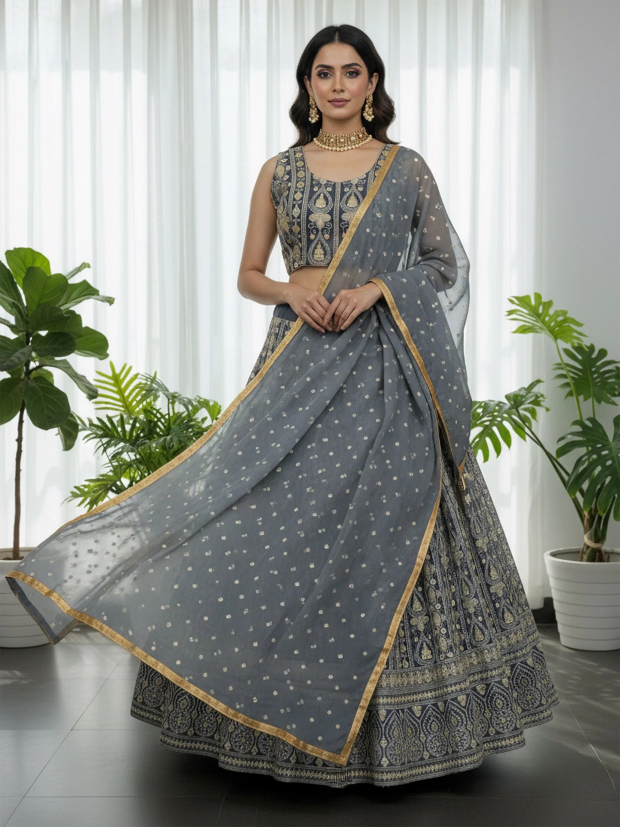 Fantastic Grey Thread Embroidered Georgette Festive Wear Lehenga Choli
