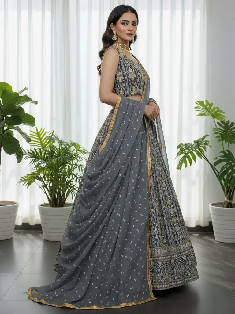 Fantastic Grey Thread Embroidered Georgette Festive Wear Lehenga Choli