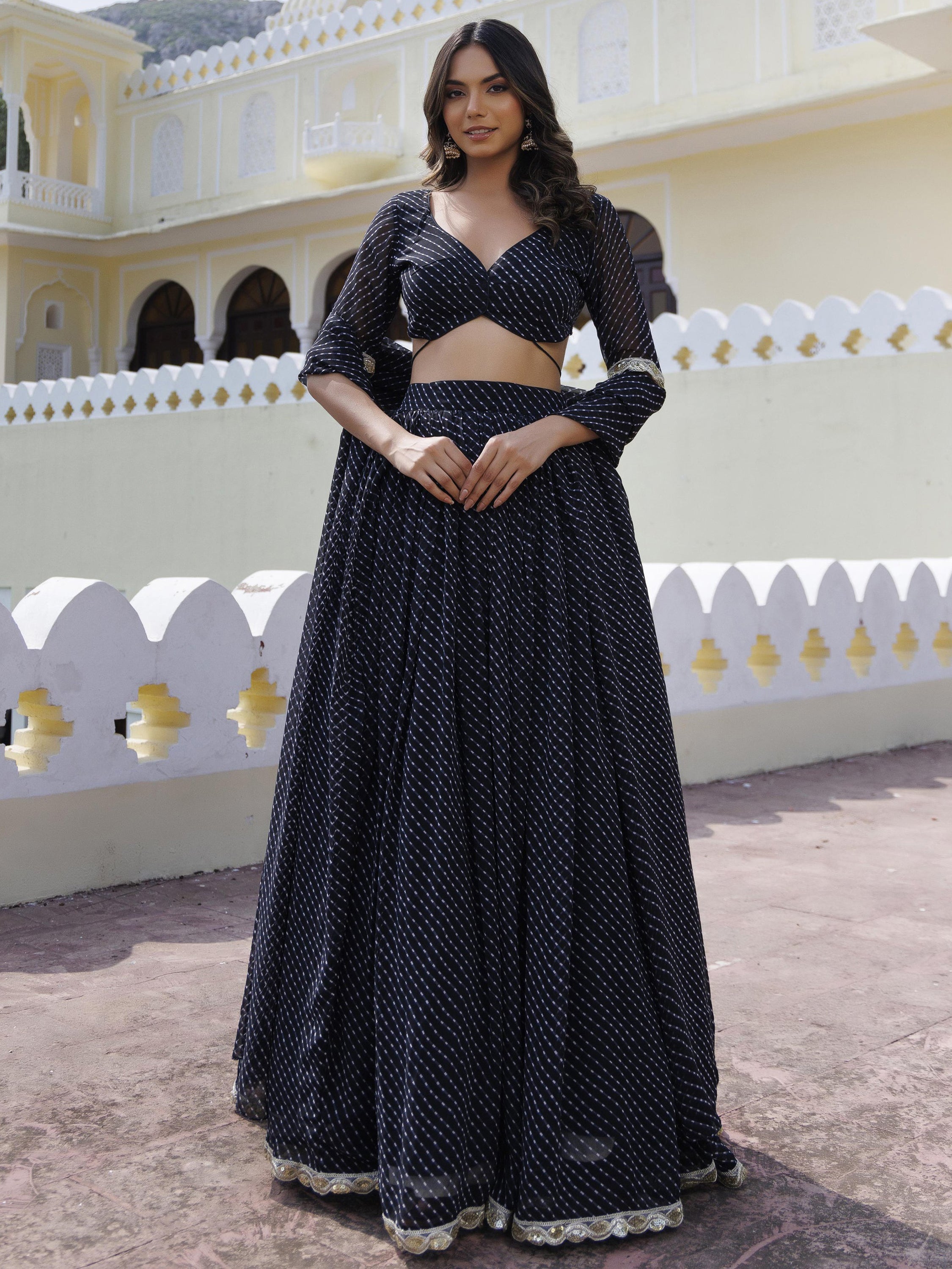 Charming Black Laheriya Printed Georgette Function Wear Lehenga Choli