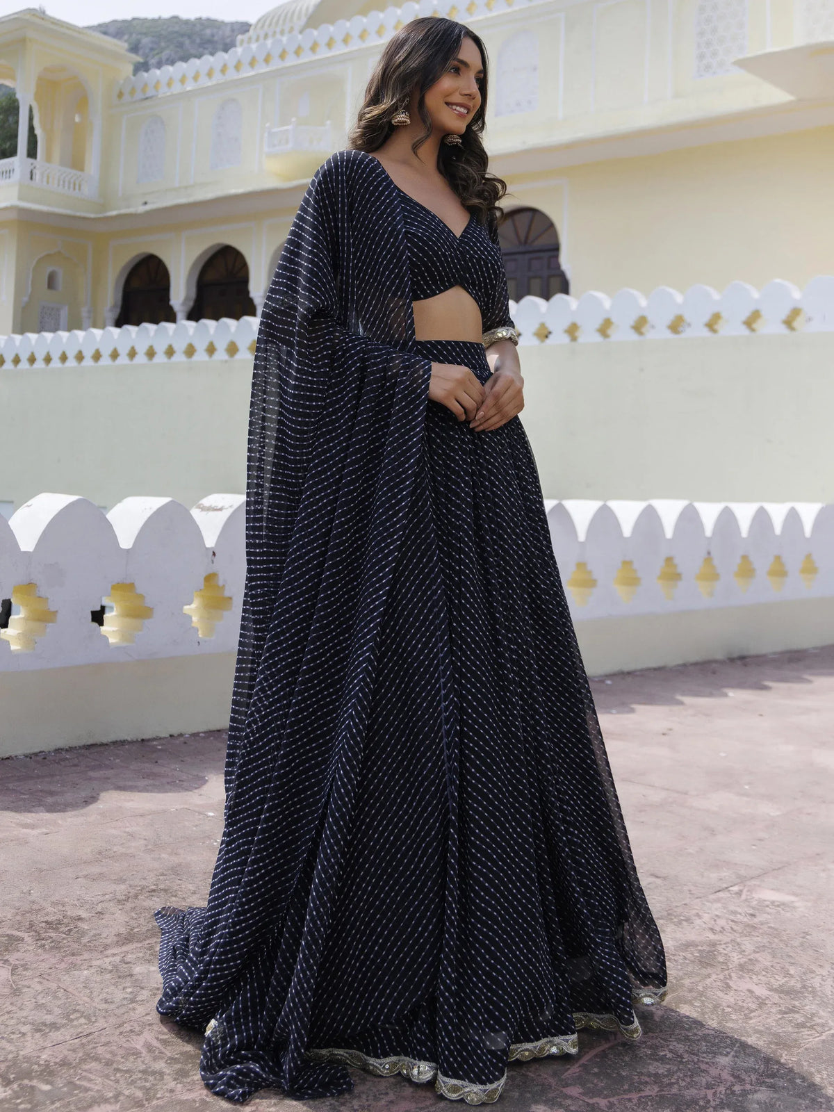 Charming Black Laheriya Printed Georgette Function Wear Lehenga Choli