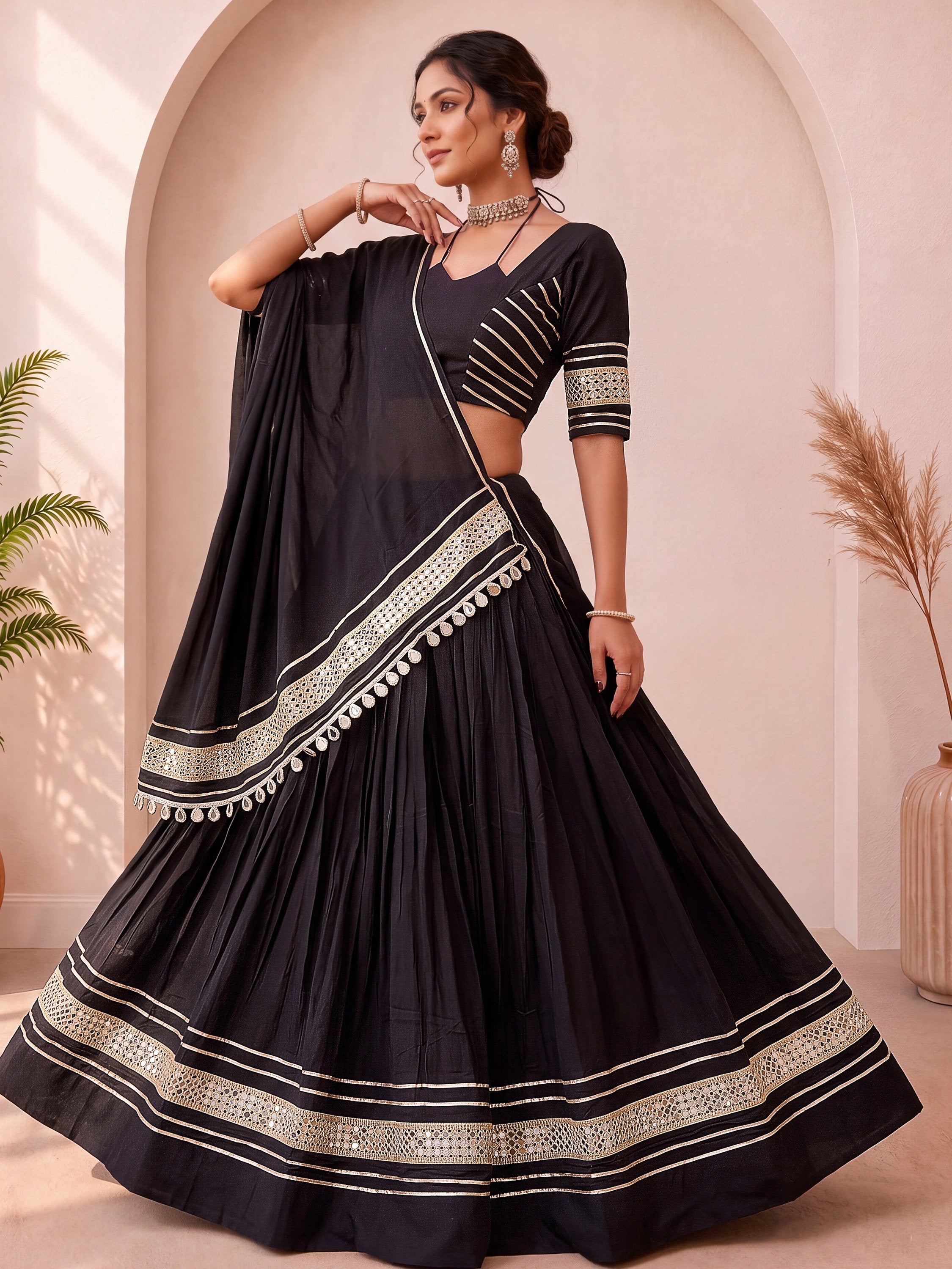 Enchanting Black Gota Laced Cotton Navratri Lehenga With Blouse