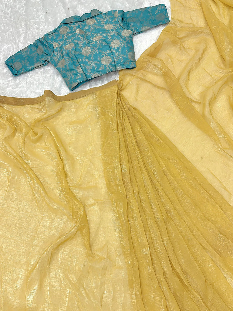 Stunning Yellow Silk Ready To Wear Party Wear Saree With Blouse