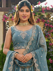 Stunning Blue Dori Work Satin Reception Wear Lehenga Choli