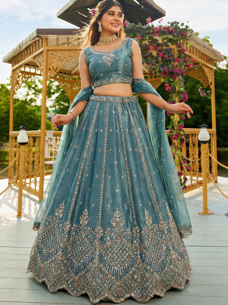 Stunning Blue Dori Work Satin Reception Wear Lehenga Choli