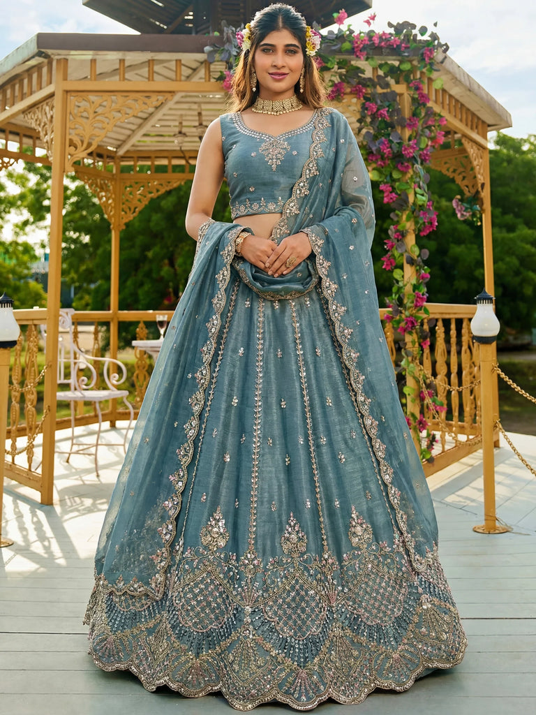Stunning Blue Dori Work Satin Reception Wear Lehenga Choli