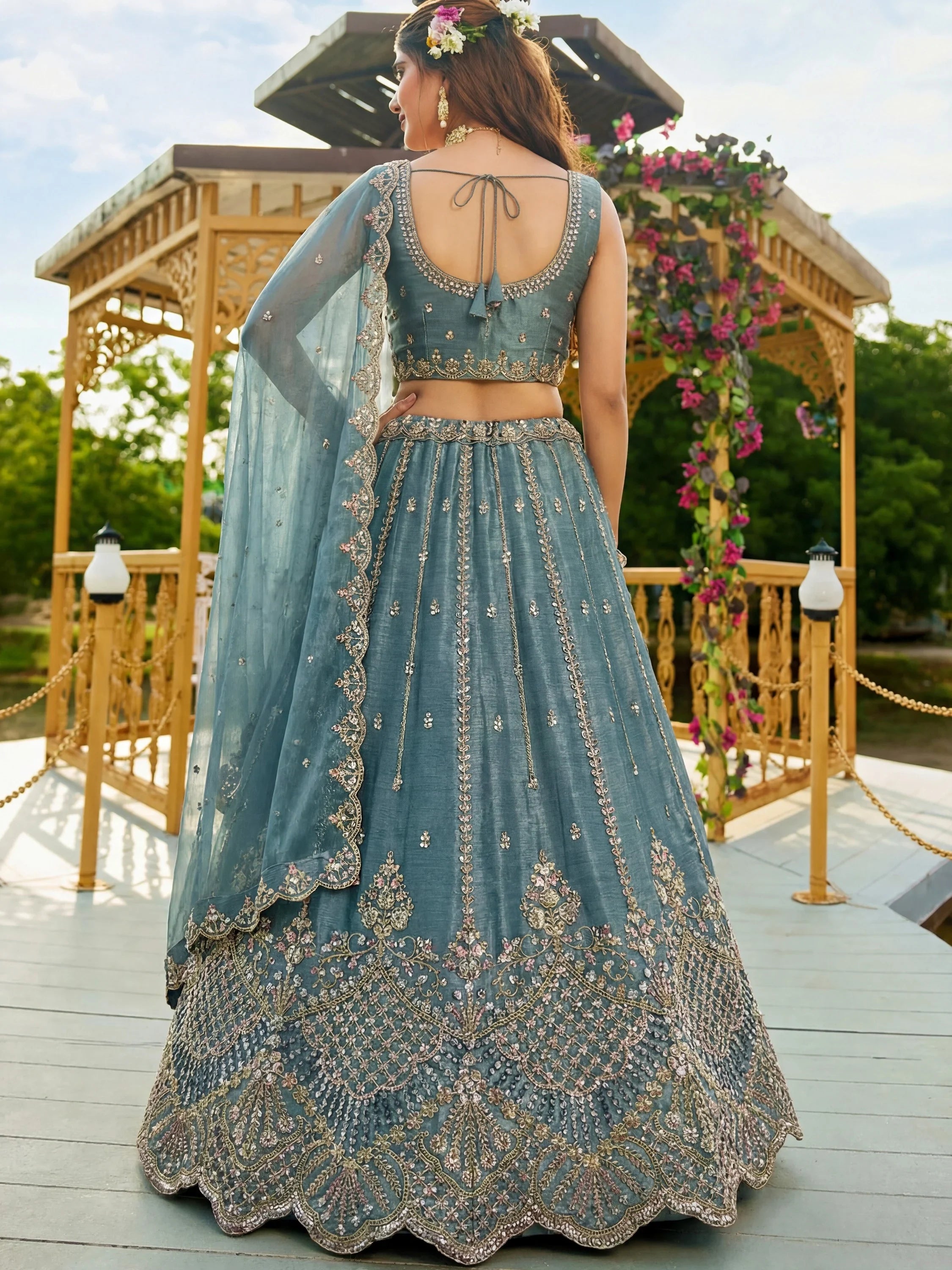 Stunning Blue Dori Work Satin Reception Wear Lehenga Choli