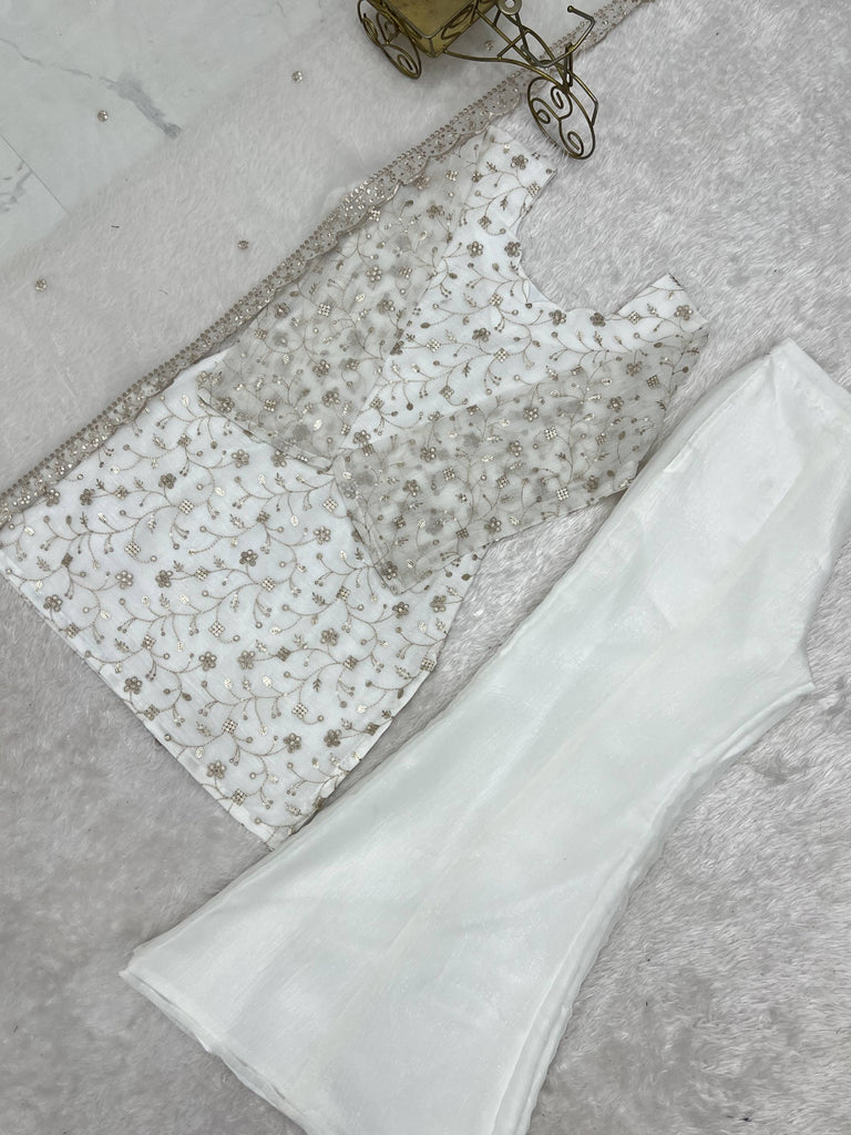 Esthetics White Sequins Silk Festive Wear Pant Suit