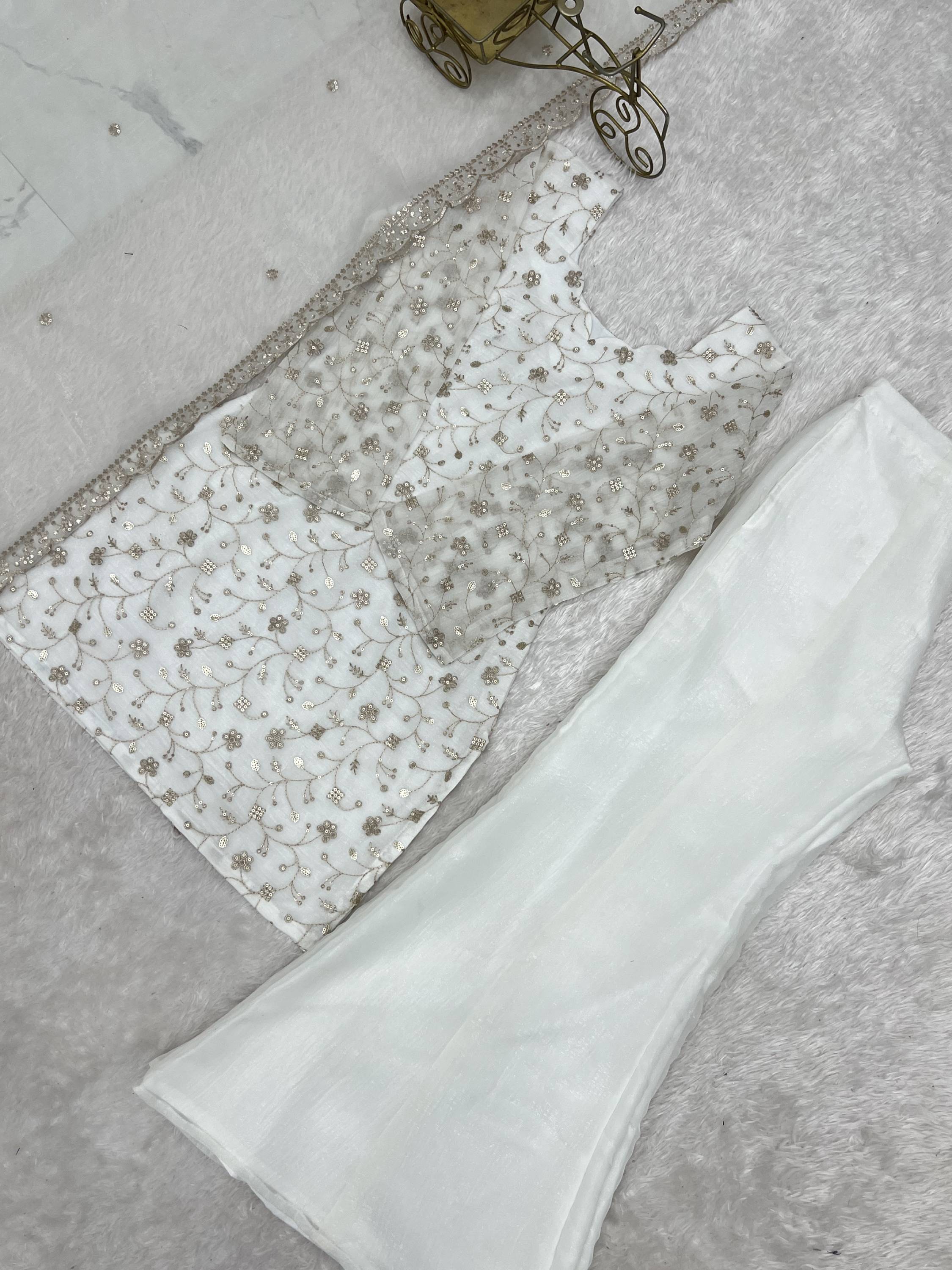 Esthetics White Sequins Silk Festive Wear Pant Suit