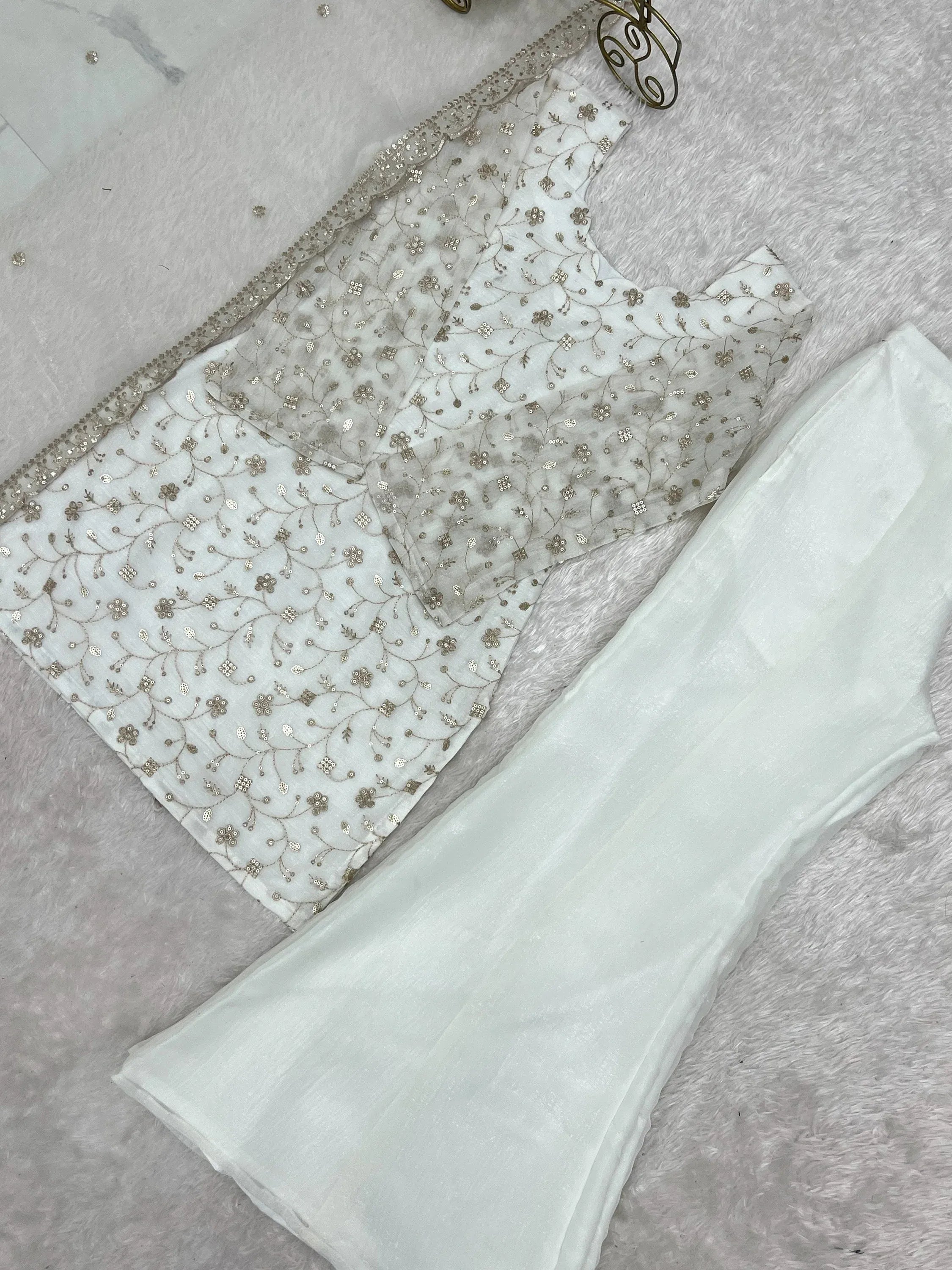 Esthetics White Sequins Silk Festive Wear Pant Suit